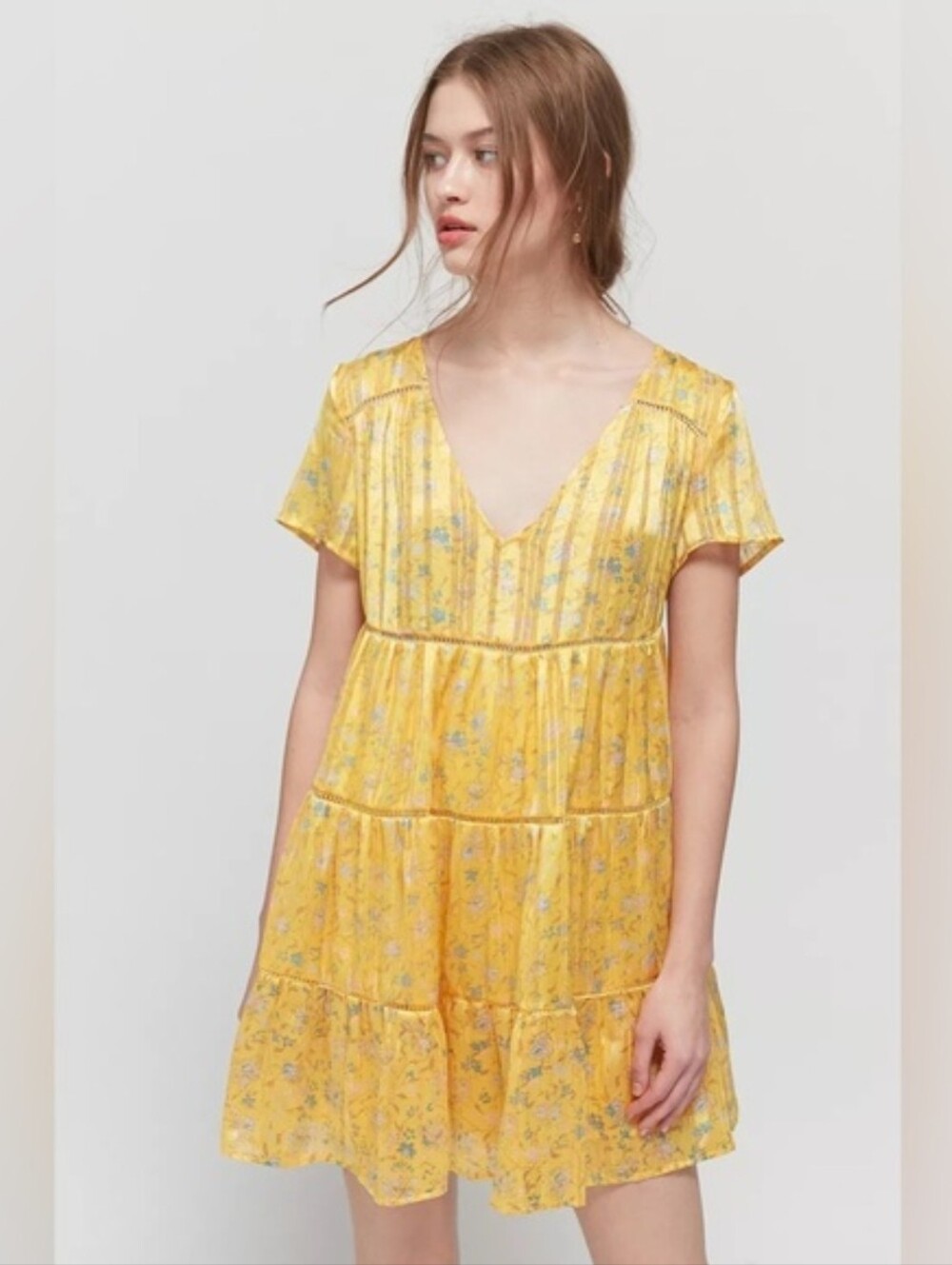 Urban Outfitters Coquette Pippa Chiffon Tiered Yellow Cottagecore Mini Dress M